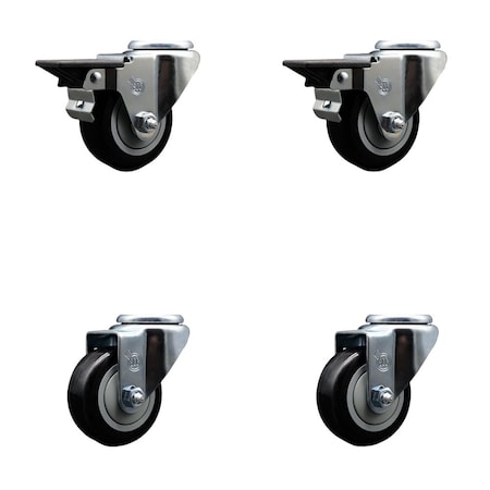 Service Caster 3'' Black Poly Wheel Swivel Bolt Hole Caster Set with 2 Posi Lock Brakes, 4PK SCC-BH20S314-PPUB-BLK-PLB-2-S-2